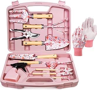 Grenebo 12-Piece Womens Gardening Tools Gift Set, Rust-Proof & Heavy-Duty Garden Tools with Durable Carrying Case, Fashionable & Thoughtful Gardening Gifts for Women&Men (Pink)