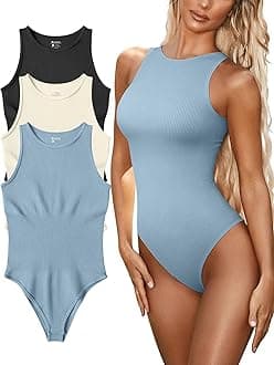 FUNNYBSG Women’s Sexy Ribbed Bodysuit Tops - 3 Piece Sleeveless Halter Neck Bodysuits with Tummy Control (Color : Black Beige Blue, Size : S)