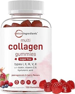 Multi Collagen Peptides, 120 Collagen Gummies | Type I,II,III,V,X Protein with Biotin, Hyaluronic Acid, & Vitamin C Complex | Pomegranate & Berry Flavored | Sugar Free, Non-GMO