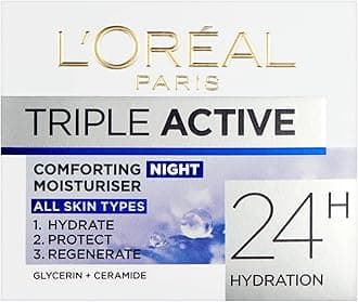 L'Oréal Paris Triple Active Night 24H Hydrating Moisturiser. Hydrate, Protect & Restore Skin Barrier. Skin feels soft & soothed. Formulated with Glycerin & Ceramides 50ml