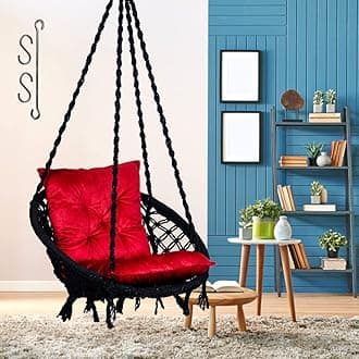 Patiofy Round Cotton Home Swing For Adults&Kids/Hanging Jhula For Balcony,Indoor,Outdoor/Weight Capacity 100Kgs/Includes Hanging Kit&Red L Cushion/Handmade Wooden Swing For Living Room(Black),46 Cm