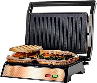 Electric Panini Press Sandwich Maker with Non-Stick Coated Plates, Opens 180 Degrees to Fit Any Type or Size of Food, 1000W Indoor Grill Perfect for Quesadillas, Burgers & More, Copper GP0620CO