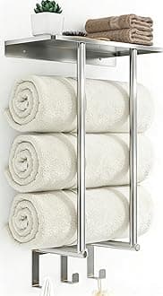 Towel Rack Wall Mounted, BETHOM Bathroom Towel Storage with Shelf and 3 Hooks for Small Bathroom, Bathroom Towel Holder Can Holds Up to 3 Large Size(160 x 100 cm) of Rolled Towels, Brushed Nickel