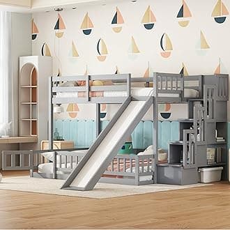 Twin Over Full Bunk Bed with Slide and Storage Staircase, Pine Solid Wood Bunk Bed with Drawers and Safety Guardrails for Kids Teens Adults, No Box Spring Required (Grey-62J)