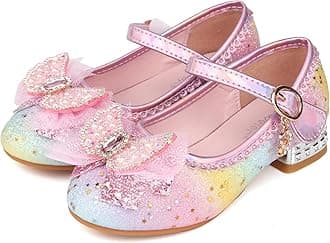 Girls Princess Glitter Party Shoes - Sparkly Dress Up High Heels Sandals Sequin Mary Jane Shoes - Colorful Pink 1UK