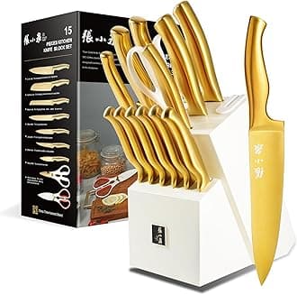 ZHANG XIAO QUAN Gold Knife Set with White Block, High Carbon Stainless Steel Sharp Blades, Built-in Sharpener Kitchen Knife Block Set for Home Cooking