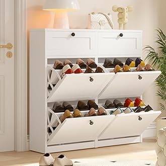 Shoe Cabinet with 4 Flip Drawers & 2 Drawers, Freestanding Shoe Storage Cabinet with Adjustable Shelves, Shoe Organizer for Entryway, Hallway, Living Room (White)