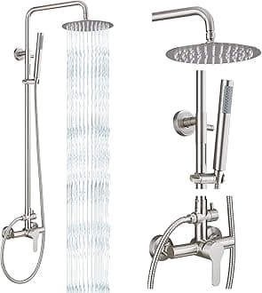 gotonovo Outdoor Shower Fixtures SUS304 Stainless Steel Rain Shower Kit Faucet High Pressure Wall Mount 2 Dual Function 8 Inch Showerhead and Handheld Spray Combo, Single Handle, Brushed Nickel