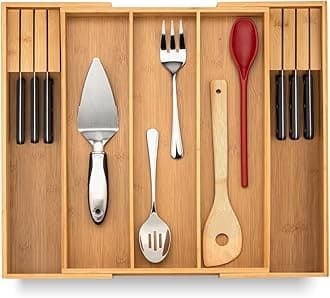 Purawood Kitchen Drawer Organizer with Knife Blocks - Utensil Drawer Organizer for Kitchen, Cutlery Tray & Silverware Organizer, 3-5 Slots - Bamboo Organizer for Utensils & Flatware (Natural)
