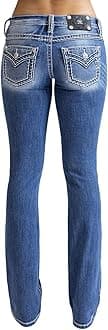 Miss MeWomen's Saddle Stitch Faux Flap Pockets Low-Rise Bootcut Jeans