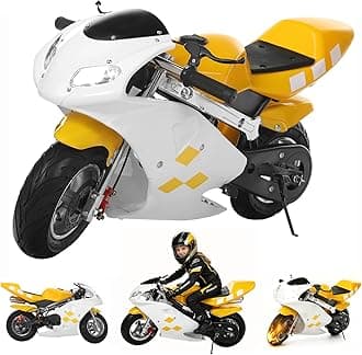 49cc 2 Stroke Pocket Bike Mini Motorcycle for Adults Kids Gas Motorbike With Strong Dual Brake, Racing Max Speed 20Mph, Dual Headlights White & Yellow