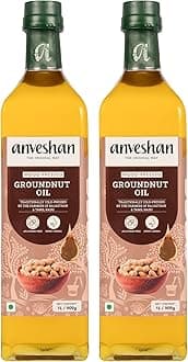 Anveshan Wood Pressed Groundnut Oil, 2Ltrs (2x1000ml each Glass Bottles Packaging) | Kolhu/Kacchi Ghani/Chekku/Ganuga | Peanut Oil | Natural | Chemical-Free | Cold Pressed Groundnut Oil for Cooking