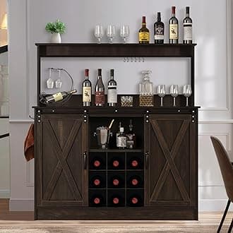 4ever2buy Farmhouse Coffee Bar Cabinet with 6 Hooks, 47” Liquor Wine Bar Cabinet with 9 Wine Racks, Kitchen Buffet Storage Cabinet with Adjustable Shelves for Living Dining Room, Dark Oak