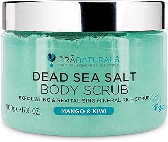 – PraNaturals Dead Sea Salt Body Scrub 500G – Hydrating & Moisturising, Natural Oils & Minerals, Exfoliating, Softening & Nourishing, All Skin Types, No Parabens, Vegan & Cruelty Free (Mango & Kiwi)