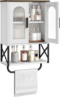 CHOEZON Bathroom Wall Cabinet, Medicine Cabinet with Adjustable Shelf and Towel Bar, Storage Cabinet Wall Mount with 2 Glass Doors, for Bathroom, Kitchen, Living Room, Dining Room, White and Walnut