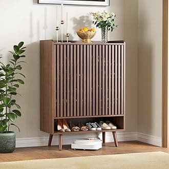 Large Shoe Cabinet with Grille Doors, 6 Tier Wooden Shoe Storage Cabinet with Adjustable Shelves, Mid-Century Freestanding Shoe Organizer Cabinet for Entryway, Hallway, Walnut