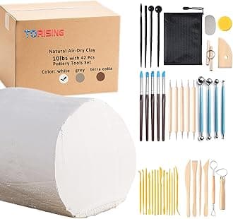 TORISING Air Dry Clay 10 LBs with 42 Pcs Set Pottery Clay Tools Set for Hand Modeling and Throwing, Non-Toxic (White & Kit)