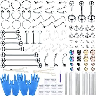 Oveta 55-150PCS Body Piercing Jewelry Lot 14G 16G 20G Stainless Steel Nose Lip Tongue Cartilage Tragus Eyebrow Industrial Barbell Belly Button Rings Piercing Kit Jewelry
