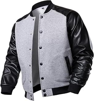 FANARCHERMen's Varsity Baseball Jacket Cotton Blend Letterman Jacket with Faux Leather Sleeve Bomber Coat