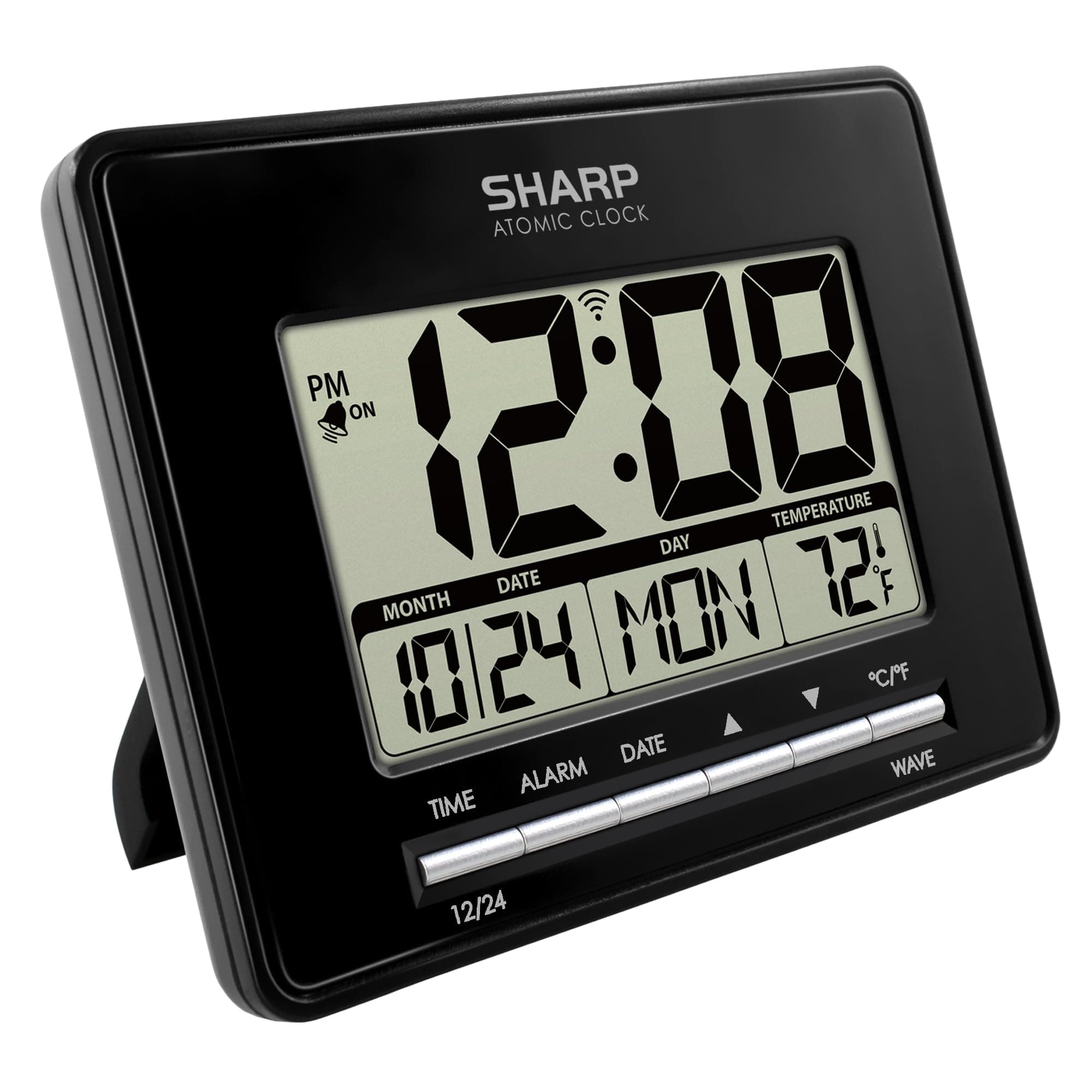Sharp Atomic Desktop Clock – Auto Set Digital Alarm Clock - Atomic Accuracy - Easy to Read Screen with Time/Date/Temperature Display- Perfect for Nightstand or Desk