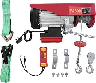 Electric Hoist Lift, 800kg/1763.7lbs Overhead Electric Hoist, Lectric Winch, 220V Electric Winch with Remote Control & Lifting Straps, for Garage, Warehouses, Factories Lifting (800kg Red)