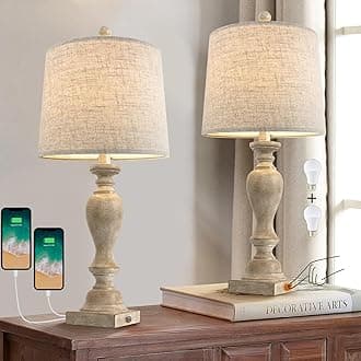 PORTRES25.75" Farmhouse 3-Way Dimmable Table Lamp Set of 2 Rustic Touch Control Bedside Nightstand Lamps with USB A+C Charging Ports for Bedroom Desk Lamps for Living Room