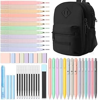 51 PCS Aesthetic School Supplies with Cute Pencil Case, 12 Pastel Highlighters, 8 Quick Dry Retractable Black Ink Pens, 6 Pastel Mechanical Pencil Student Stationary Bible Study Supplies (Black)