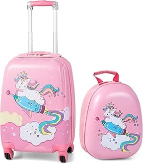 HONEY JOY Kids Luggage, 12" Toddler Backpack & 18" Travel Suitcase with Wheels, Lightweight Toddler Girls Suitcase, Durable ABS Hardshell, 2Pcs Carry On Luggage Set for Boys Girls