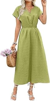 ECOWISH Women Cotton Midi Dress: 2025 Button V Neck Casual Summer Dresses Short Sleeve A-Line Shirt Long Dress with Pockets