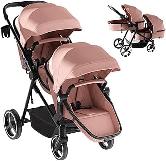 MU Double Stroller, Foldable Twin Tandem Stroller with Adjustable Backrest, Reversible Seat, 5-Point Harness, Storage Basket, Convertible Baby Bassinet for Infant and Toddler, Pink