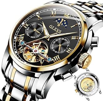 OLEVSMens Automatic Watches Self Winding Mechanical Dress Wrist Watch Multifunction Calendar Hidden Button Sun Moon Display Waterproof Luminous