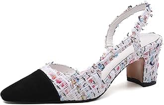 MICIFASlingback Heels for Women，Round Toe Chunky Heeled Pumps Ankle Strap Fashion Splicing Dress Shoes