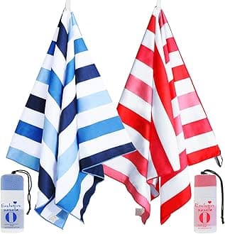 2 Pack Large Quick Dry Beach Towels, Microfiber Sandfree Cabana Stripe Pool Bath Swim Towel with Bag, Lightweight and Thin (Blue and Red, 30x60 Inches)