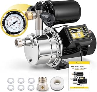 3/4 HP Water Pressure Booster Pump for Home 1050GPH Shallow Well Jet Pump with Pressure Tank Auto ON/OFF Stainless Steel Self-Priming System Pressure Switch for Whole House, Garden, Lawn