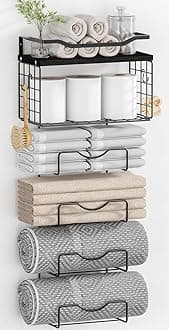 Towel Racks for Bathroom,Towel Rack Wall Mounted, 6 Tier Rolled Or Folded Towel Holder with Floating Shelves, Bathroom Towel Holder for Bath, Hand Towels,Metal and Wood,Full Black