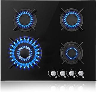 4 Burner Black Glass Gas Hob with Wok Burner, 60cm Cooker, Flame Out Protection, 8060W Gas Cooktop, NG/LPG Convertible