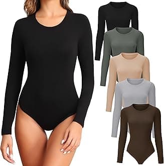 4/5 Pack Long Sleeve Bodysuit for Women Round Neck Soft Breathable Casual Basic Stretchy Body Suits Tops