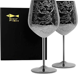 – SKY FISH Stainless Steel Wine Glasses, 480 ml Luxury Wine Goblets Set of 2, Vintage Style Red Wine Cups, Hand Wash (Black)