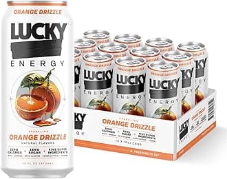 Lucky Energy Sugar Free Energy Drinks, Orange Drizzle, 16oz Cans (12-Pack) Healthy, Zero Sugar Energy Drink with Maca, Ginseng, Beta-Alanine, Taurine & 200mg Caffeine