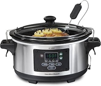 Portable 6 Quart Set & Forget Digital Programmable Slow Cooker with Lid Lock, Temperature Probe, Dishwasher Safe Crock & Lid, Stainless Steel (33969A)