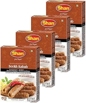 Shan Seekh Kabab Recipe and Seasoning Mix 1.76 oz (50g) - Spice Powder for Exclusive Traditional BBQ Blends - Suitable for Vegetarians - Airtight Bag in a Box (Pack of 4)
