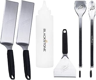 Blackstone 5464 Griddle Tool Kit Outdoor Indoor Grill BBQ Utensils Cooking Accessories-Heat Resistant– 2 Long Spatulas, 2 Angled Scraper Classic Tong, 1 (32oz) Squeeze Bottle, Black, Silver, White