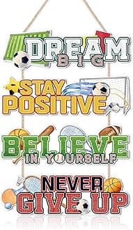 KAIRNE Football Wall Art,Football Wooden Sign for Boys Room,Soccer Hanging Sign,Football Bedroom Accessories,Baseball Plaque,Inspirational Quotes Wall Art for Kid Room,Sports Sign For Nursery Playroom