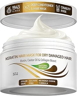 VITAMINS Hair Cosmetics Keratin Hair Mask for Damaged Hair - Protein Keratin Treatment Deep Conditioner for Dry Locks - Collagen Biotin & Castor Oil Repair Dryness & Enhance Shine - 250 ML