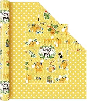 Bee Wrapping Paper Jumbo Roll - 1 Roll 17”x 33 ft Honey Bee Gift Wrapping Paper Honeycomb Packing Paper for Kids Birthday Party Decoration Favor Supply, Polka Dot Reversible Yellow
