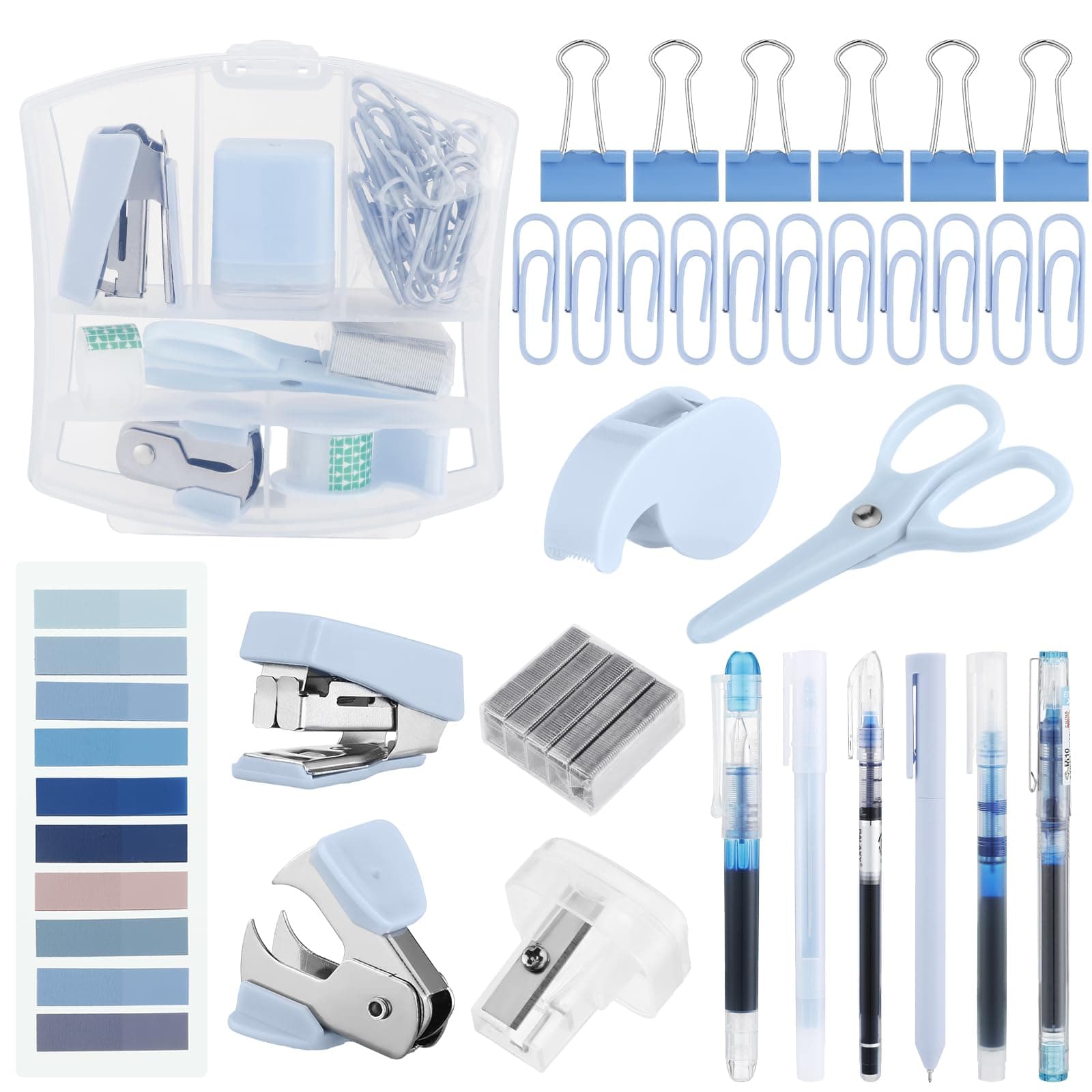 Mini Office Supply Kit Include Stapler Tape Dispenser Staple Remover Paper Clip Scissor Staple Pen Sharpener Note Small Telescopic Knife for Office Back to School Supplies Student Clerk(Blue)