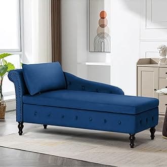 Upholstered Velvet Chaise Lounge with Left Armrest & Storage Space,Button Tufted Lounge Chair w/Lumbar Pillow,Modern Lounge Chair for Bedroom, Living Room and Office,Blue
