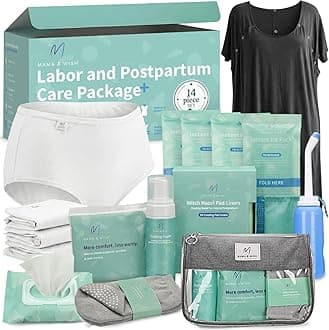 Postpartum Care Kit for Mom (14-Piece) - Includes Labor and Delivery Gown, Peri Bottle, Witch Hazel Foam, Pad Liners & More! with Hospital Essentials for Women After Birth