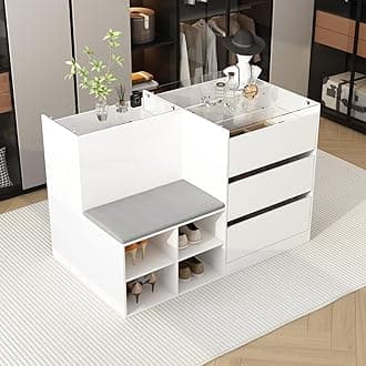 Armoire Bedroom Island Wardrobe Closet Island with 9 Drawers & Glass Tabletop, Islands Dresser with Bench, Closet Islands for Bedroom Cloakroom White (47.2”W x 27.5”D x 31.5”H)