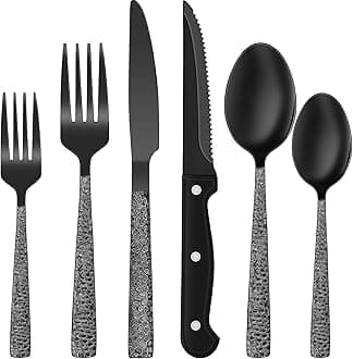 EWFEN Black Hammered Silverware Set, 24-Piece Stainless Steel Square Flatware Set with Steak Knives for 4, Food-Grade Tableware Cutlery/Utensil Sets for Home Restaurant, Mirror Finish, Dishwasher Safe
